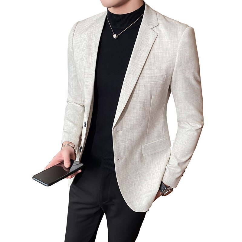 Mens Slim Fit Blazer Business Casual Blazer Suit Jacket Spring Luxury Beige Club DJ Stage Clothers Terno Masculino