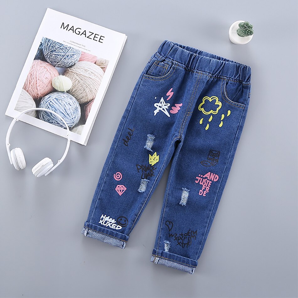 JYF – Jeans à imprimé de dessin animé pour enfants, pantalons longs décontractés avec trous, peinture Graffiti, printemps-automne: B / 5-6Y (Size 130)