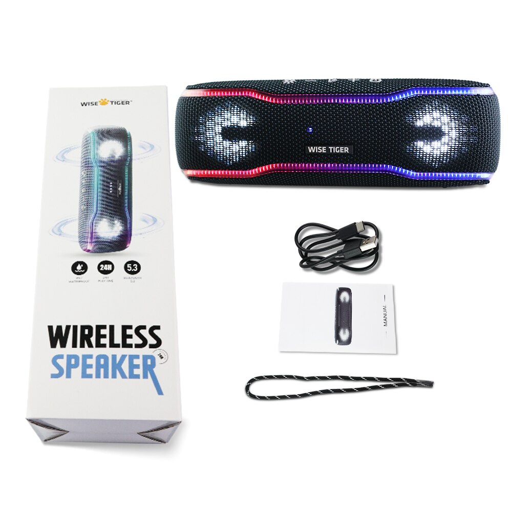 WISETIGER Luidspreker Buiten Draagbare IPX7 Waterdichte Klankkast BT5.3 Luidspreker Stereo met 25W Kleurrijke Licht Surround Luidspreker: Black