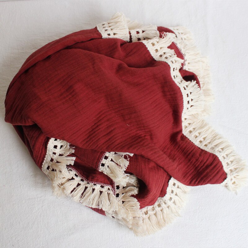 Bomullsmuslin bebis flicka pojke filtar nyfödd linda filt tofs bebis mottagande filt spädbarn sova täcke sängöverdrag: Vin, röd / 80 x 65cm