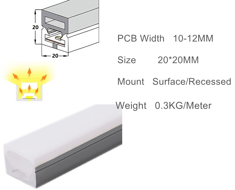 Led Neon Flex Behuizing, Siliconen Buis Flexibele 5V 12V 24V Tape Strip Kanaal, gipsplaten Verzonken Opbouw Curve Lineaire Licht: 2020 3 side