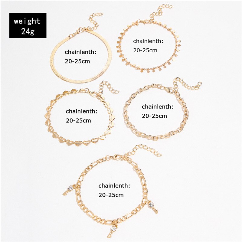 5 stk/sæt vintage boheme guld fodlænker til kvinder unikke slange kæde hjerte nøgle disk kæde ankel armbånd kvindelige smykker