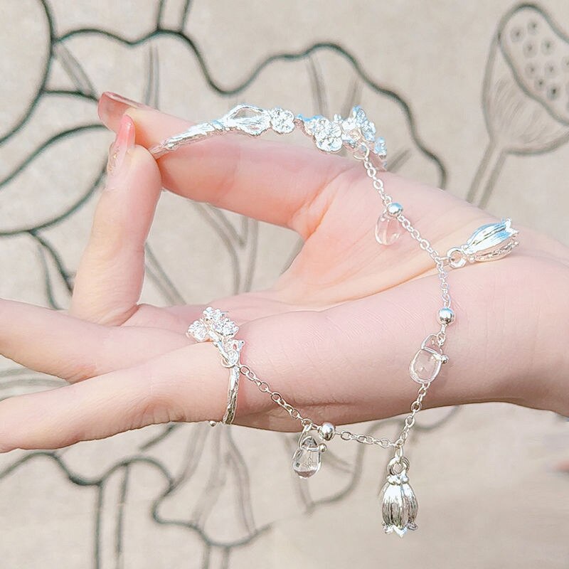 Chinese Butterfly Bells Ring Bracelet All-in-one Flower Bangle Charm Jewelry Silver Plated Bracelet Women Jewelry Accessories: Style 3