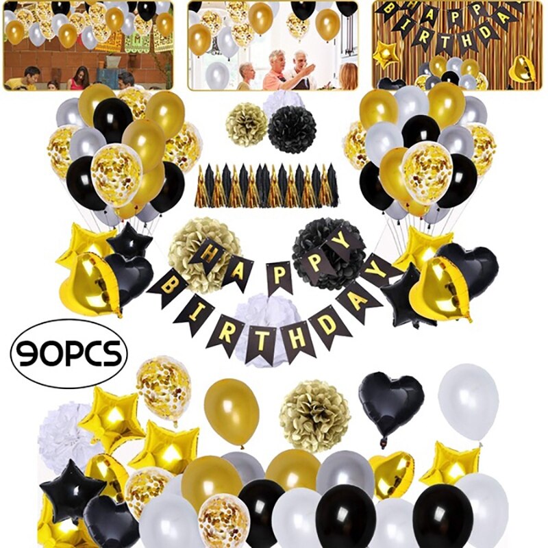 90 stk dekorationssæt med sorte og guldballoner, tillykke med fødselsdagen banner stjerne hjertefolieballoner til fødselsdagsfest