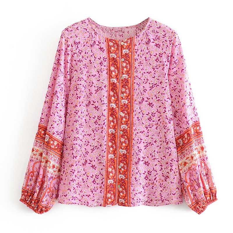 Boho inspirert øy bluse bohem lilla floral langermet bomull dame topper button down casual dame bluser sommer topp: Fuchsia / L