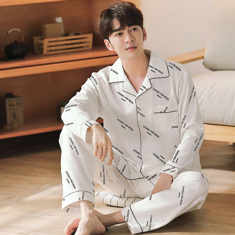 Men&#39;s Letter Cotton Pyjamas Homme 2 Pieces Lounge Sleepwear Pijama Autumn Bedgown Home Clothes Man PJs Pure Cotton Pajamas Set