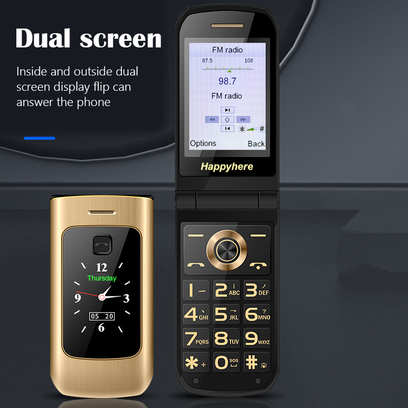 Flip celular Mobile Phones dual screen speed dial SOS loud sound FM Radio recorder torch MP3 clamshell cell phones