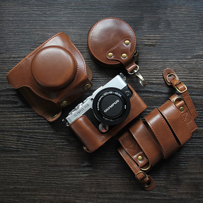 Olympus – étui en cuir PU pour appareil photo, sac de luxe pour objectif 14-42mm, ouverture de la batterie avec sangle