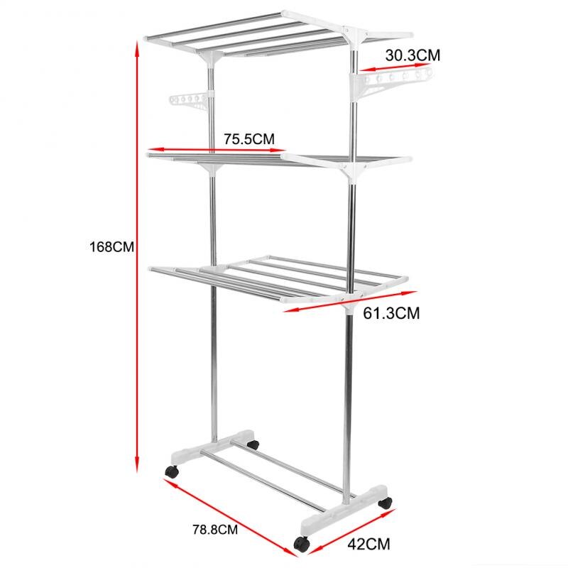 Stainless Steel Three-layer Extendable Standing Clothes Hanger With Casters Shoes Rack Clothes Dryer Folding Floor Drying HWC