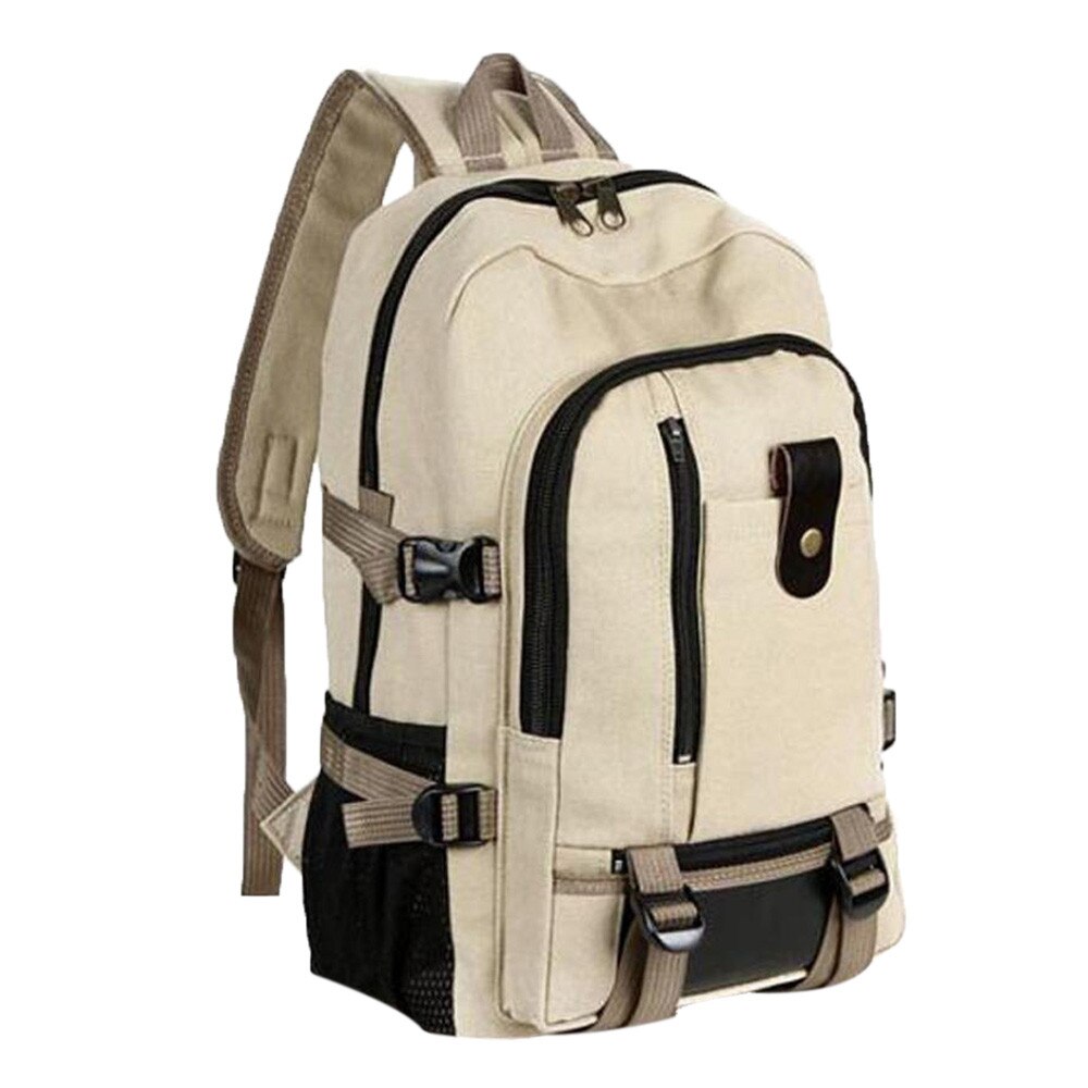 Men's Backpack Simple Large Capacity Solid Color Double-shoulder Canvas Backpack Schoolbag Soft School Hiking Bag mochila: Khaki