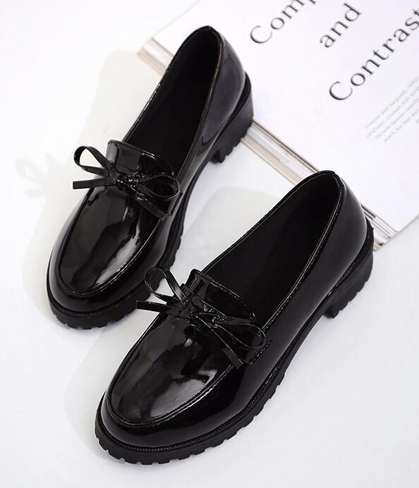 Chaussures en cuir de style britannique à nœud doux chaussures en cuir peu profondes sans lacet: Black / 6