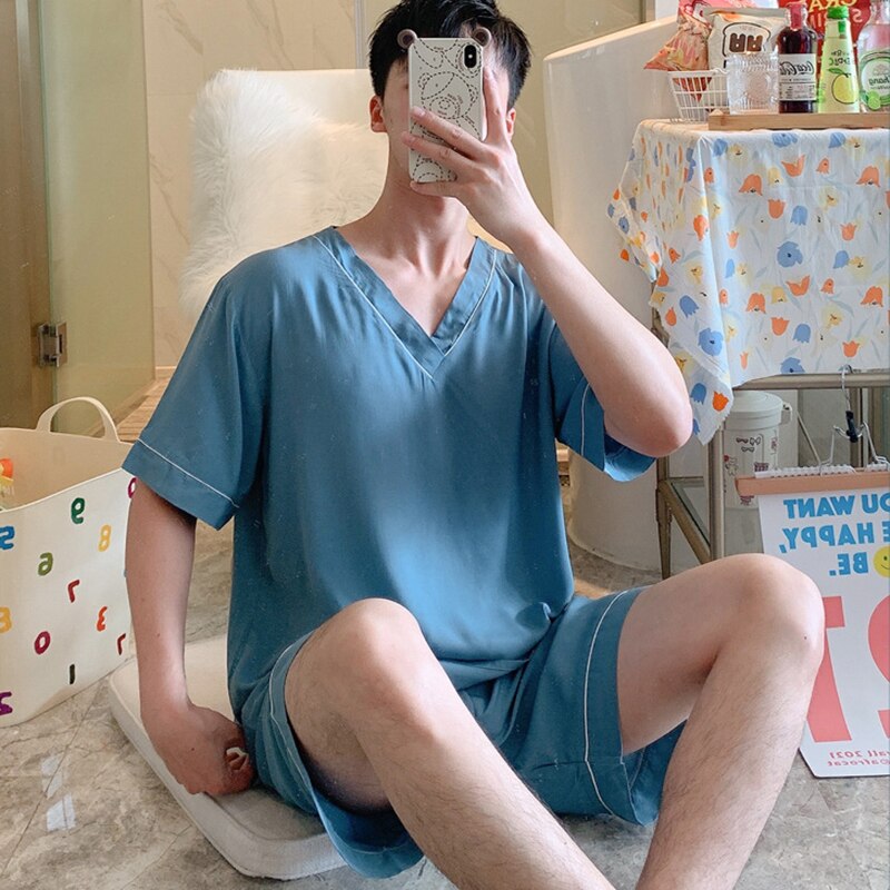 Pyjama en coton à manches courtes pour homme, ensemble léger et doux, chemise et pantalon, idéal pour le salon, tailles XL, XXL et XXXL: peacock blue / L