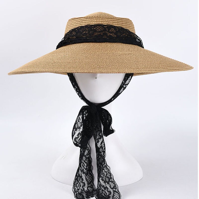 ins stor kant solhatt til kvinner blondere stropper svart strandhatter årgang sommer uv hattemaker   s1091