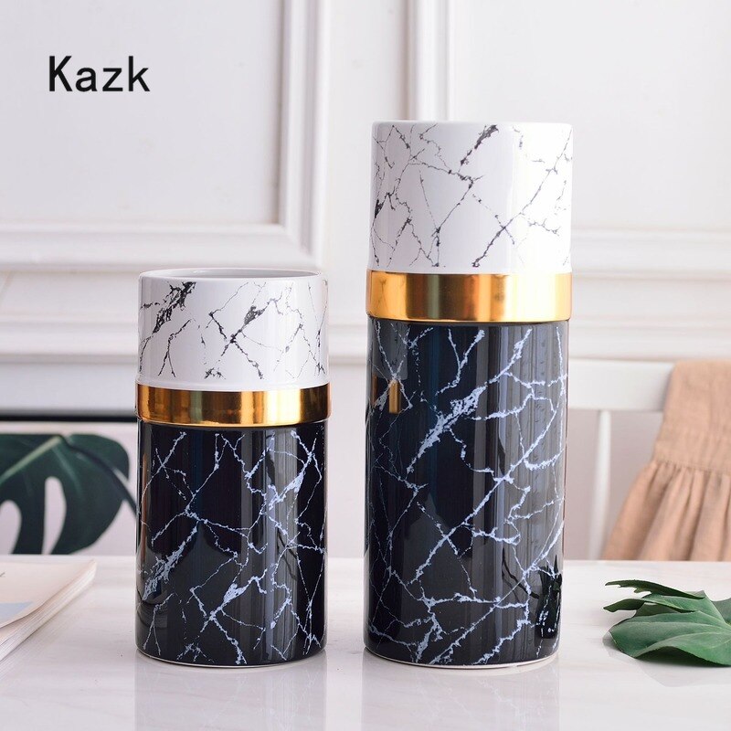 nordisch Moderne Weiß Schwarz Marmor aufbringen Vase Gold Rand Handwerk Keramik Vermittlung Blume Vase Wohnzimmer Dekoration Zubehör