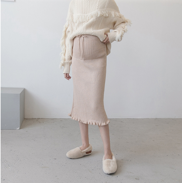 Strikket nederdel moderskabstøj til gravide kvinder efterår vinter strækning bund ribbet split nederdele graviditetstøj: Kamel