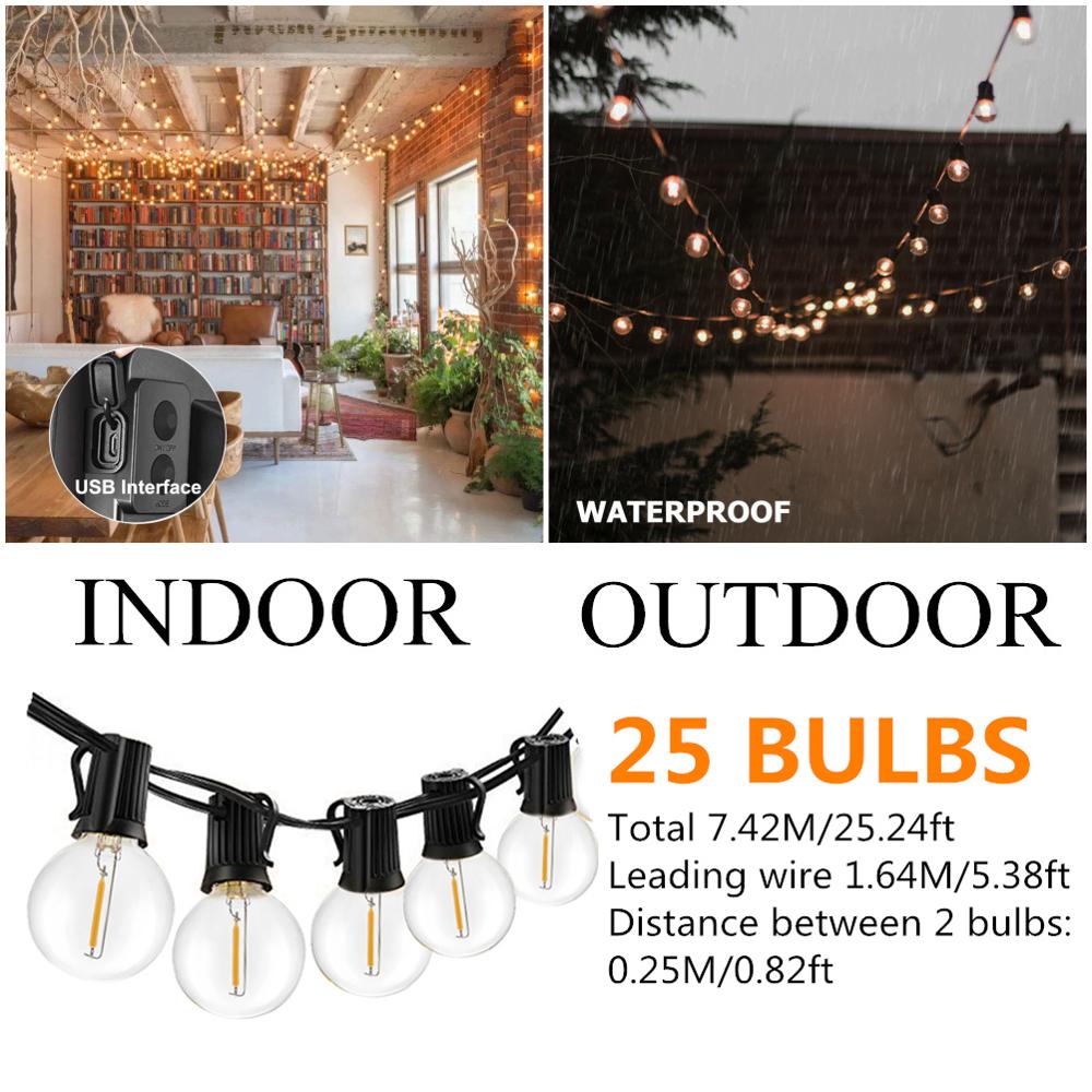 LED String Lights Solar Power Glass Bulb Electric Garland Retro Edison 25ft Lighting String Umbrella Light for Garden Waterproof