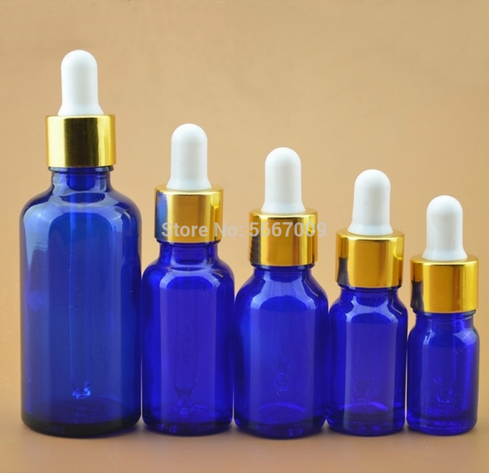 Bouteille d'huile raffinée en verre rond bleu de 5ml à 50ml, 10 pièces/lot, avec compte-gouttes, cercle doré pour expérience scolaire