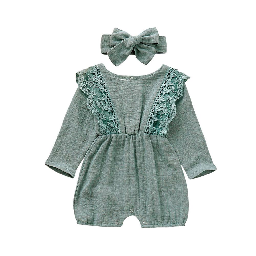 Autumn Winter Toddler Newborn Kids long sleeve lace Romper Infant Baby Girls Romper Jumpsuit Clothing Outfits Hair Band Outfit: Army Green / 6M