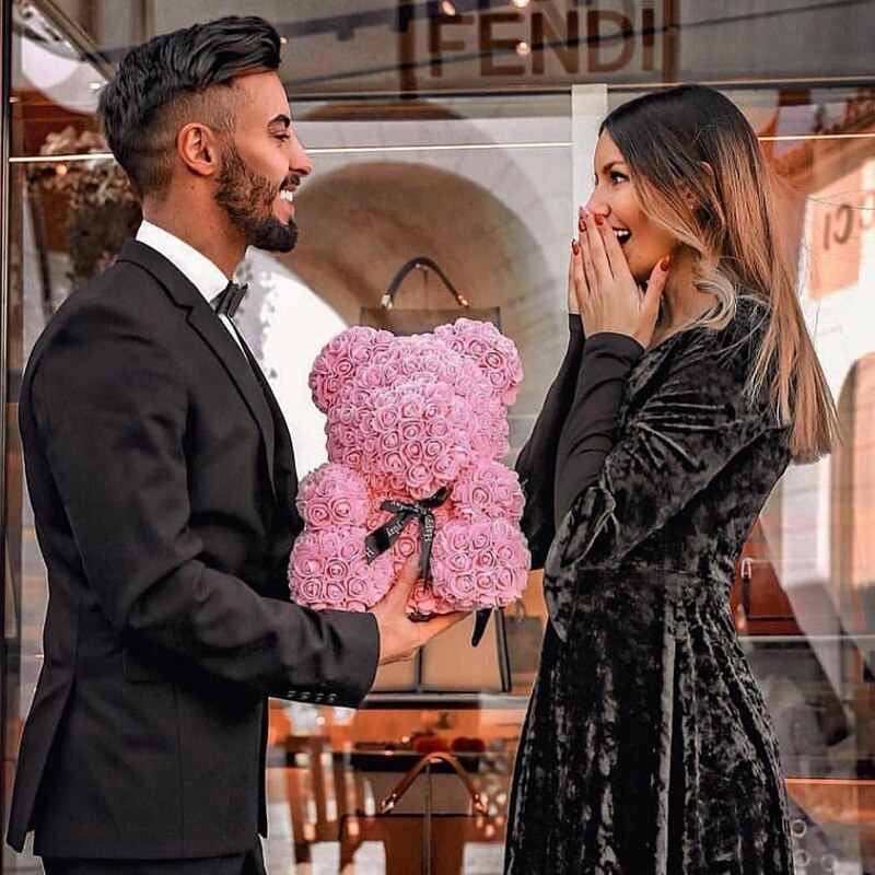 25cm Artificial Rose Teddy Bear Eternal Flower Bubble Bear Handmade Roses Bear Valentine's Day Wedding Bithday for Women