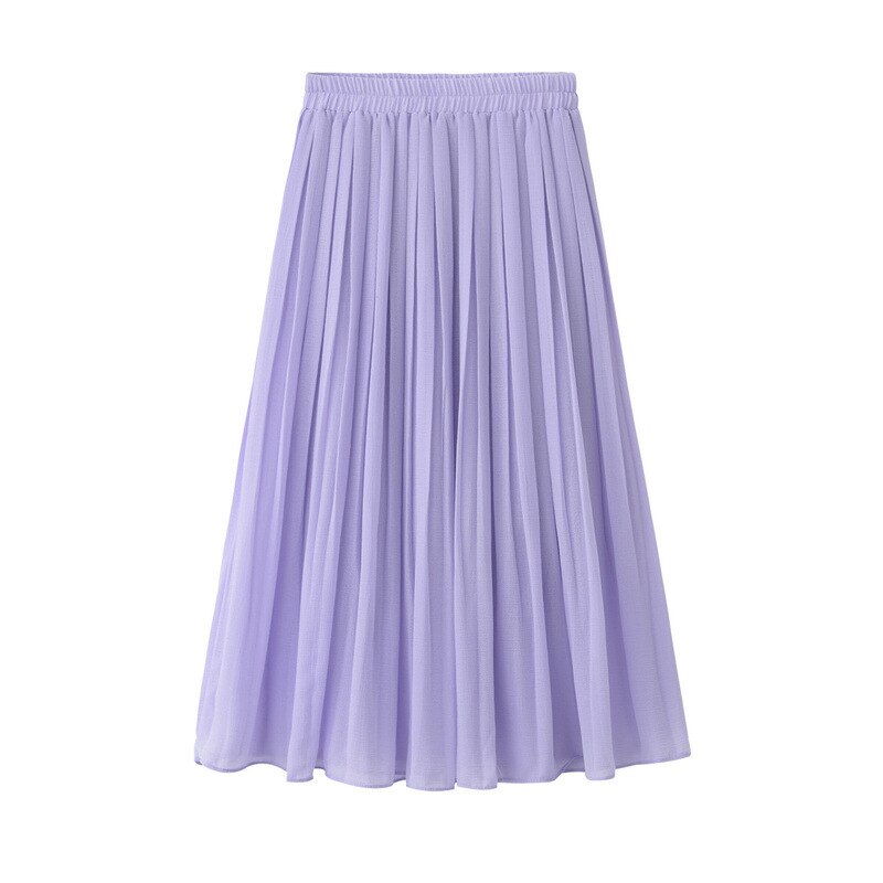 Spring and Summer Skirt College Wind High Waist Chiffon Pleated Skirt Elastic Waist Pleated Midi Long Skirt: Purple