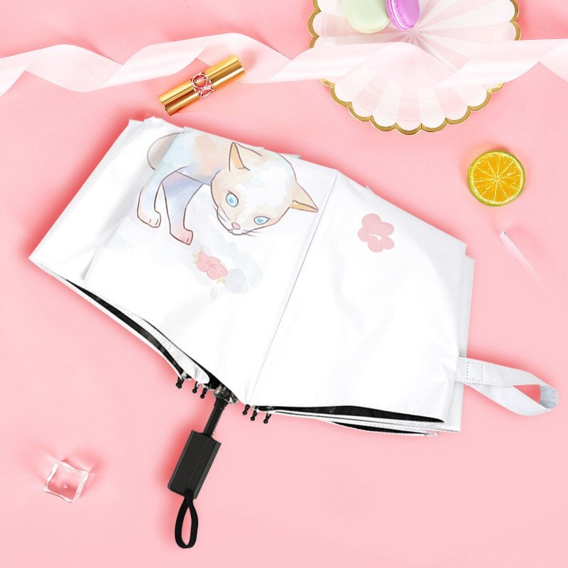 Sun Umbrella Rain Three Folding Umbrella Lovely Cat Female Parasol Four Seasons Cat Illustration Umbrella