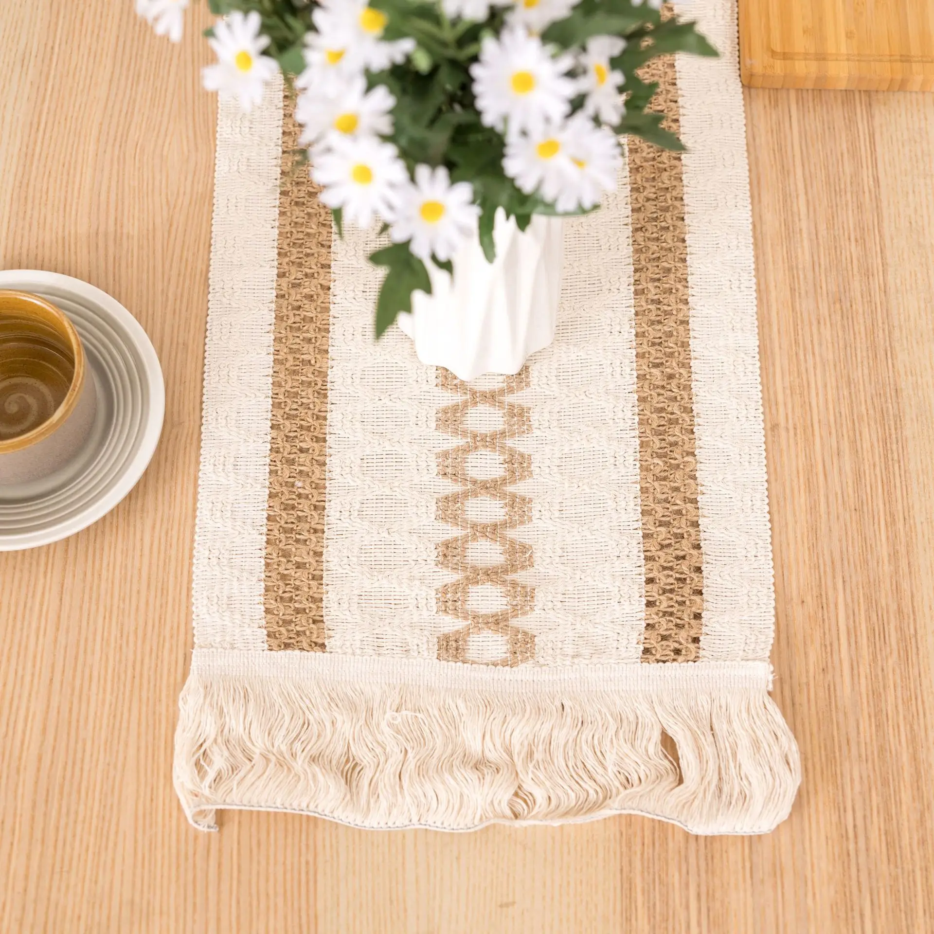 Handgewebter Jute-Tischläufer aus Naturleinen mit Quasten, rustikale Landhochzeit, Geburtstag, Weihnachtsdekoration für Zuhause, Tischdecke: 30*220cm / YELLOW