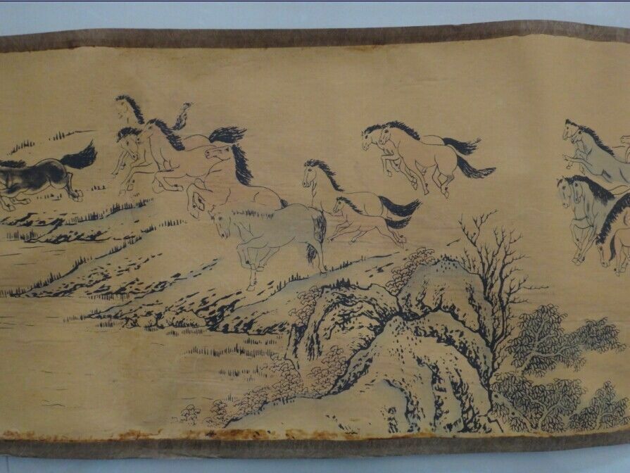 Chinese Ancient Picture Silk Paper "100 Horse " Scroll Painting Zodiac Animal Painting