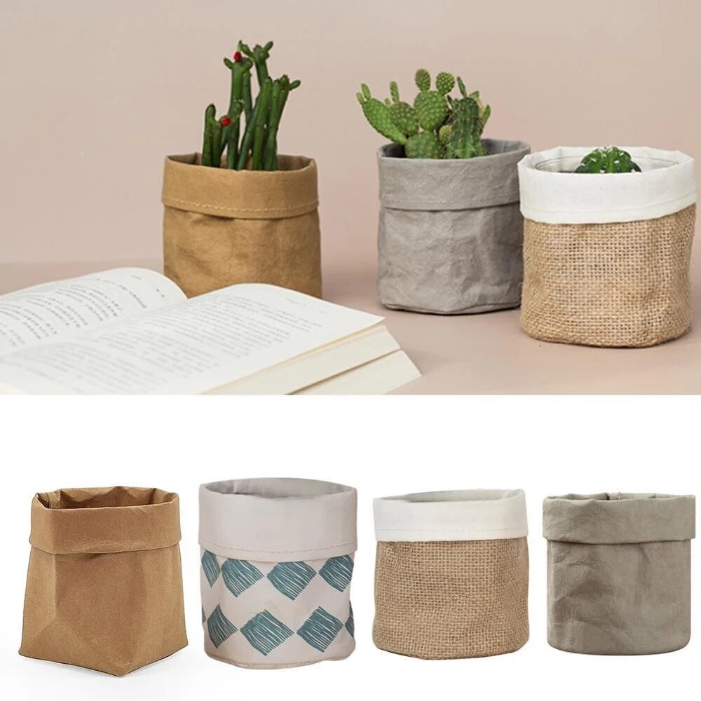 Maceta de papel Kraft lavable para flores, maceta de escritorio para suculentas, contenedor reutilizable, bolsa de almacenamiento multifunción, decoración del hogar
