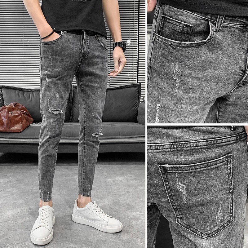 Sommer ripped jeans mænd slim fit tynde jeans til mænd koreanske simple streetwear hul herre jeans bukser 34: 34 78-85kg