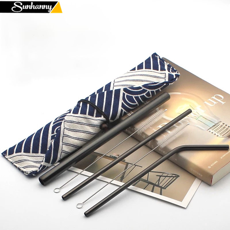 Reusable Metal Drinking Straws 304 Stainless Steel Straw Bent Straight Smoothies Straw with Cleaning Brush Bar Party Accessory