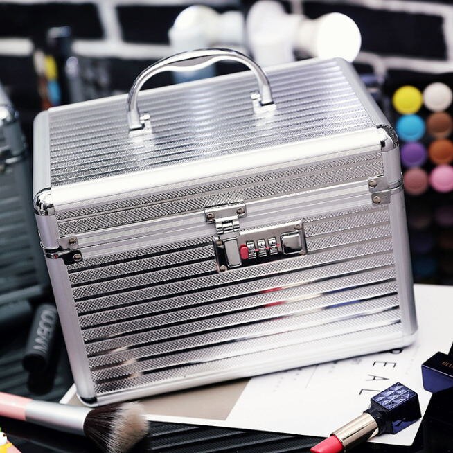 Aluminiumslegering værktøjskasse kuffert kosmetisk etui, smykker makeup opbevaringsboks bryllupsdag fødselsdag rejse bagage taske: Sølv