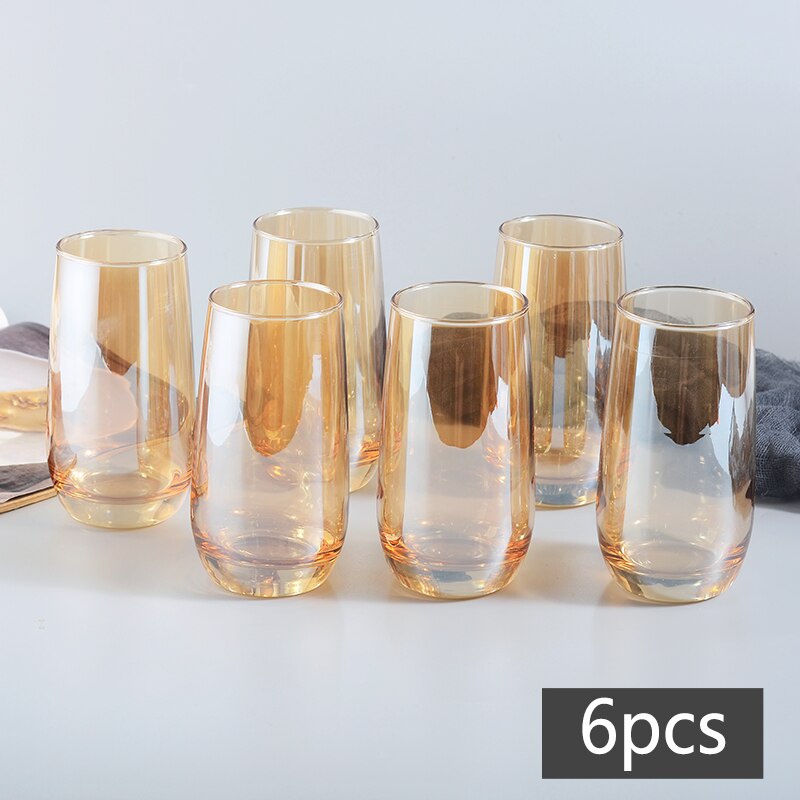 Gobelet à eau en verre, artisanal rond, plaqué or, verre à vin, grande capacité, verres à jus, whisky, Vodka, pour Bar et Restaurant: 6PCS 350ML