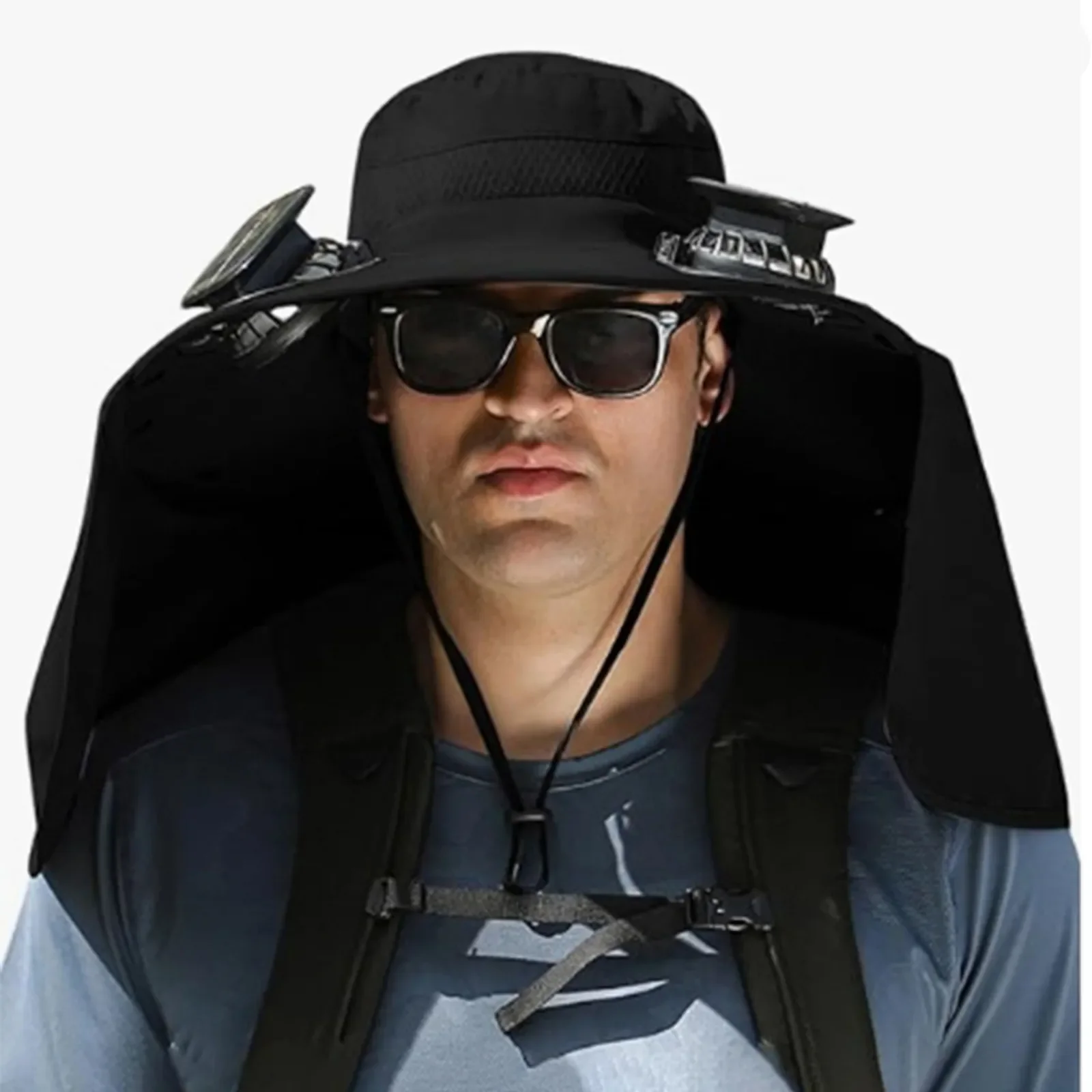 Outdoor zonnehoed met brede rand en ventilator op zonne-energie, usb-oplaadbare outdoor vissershoed met zonbescherming: Zwart