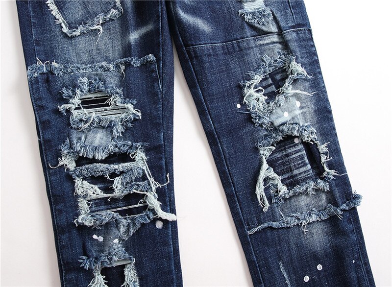 Light Luxury Men’s Ripped Jeans,Hole Patches Slim Fit Jeans,White Spot Prints Denim Pants,Street Casual Jeans Pants;
