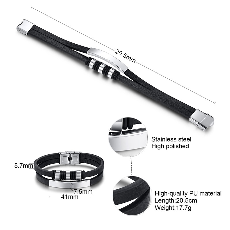 Mannen Lederen Armbanden Met Zwarte Kralen Charm Bangle Gelaagde Polsband Streetstyle Toevallige Mannelijke Sieraden