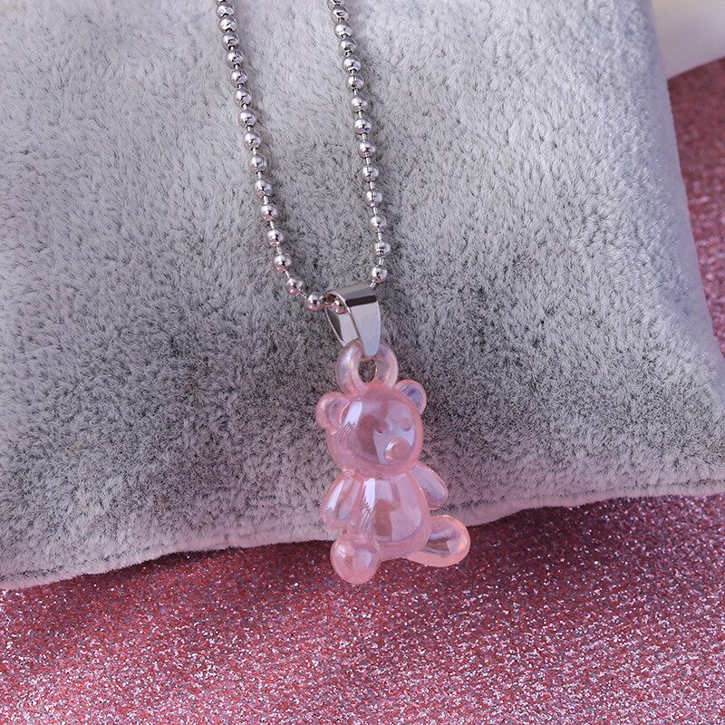 7 Colors Rainbow Pride Cute Jelly Bear Gummy Necklaces for Women Girls Cool Punk Hip Hop Resin Necklaces Accessories: Pink