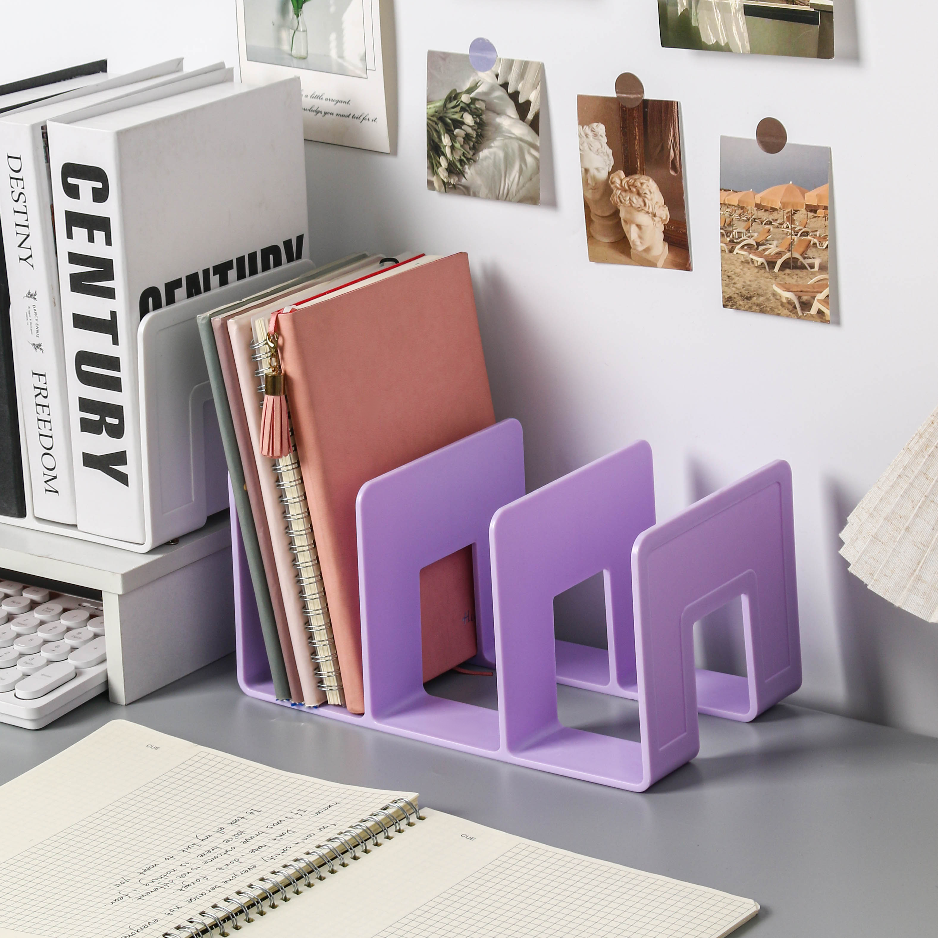Transparent bookshelf, student desktop storage, partition rack, book filing, newspaper rack, office data rack, stationery baffle: PURPLE