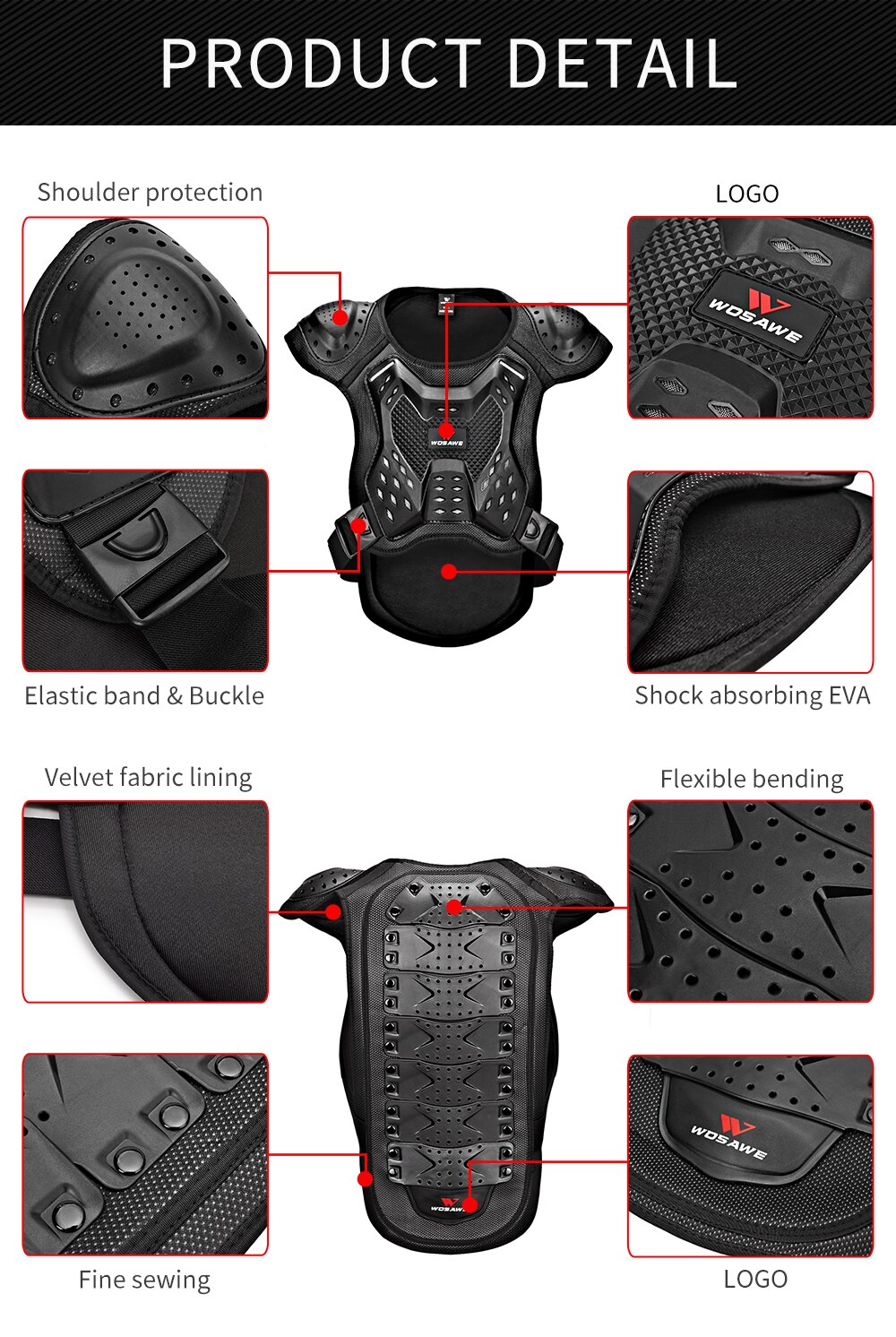 WOSAWE – gilet de protection dorsale pour adulte, armure de moto, équitation, ski, skate, protection de poitrine, genouillères