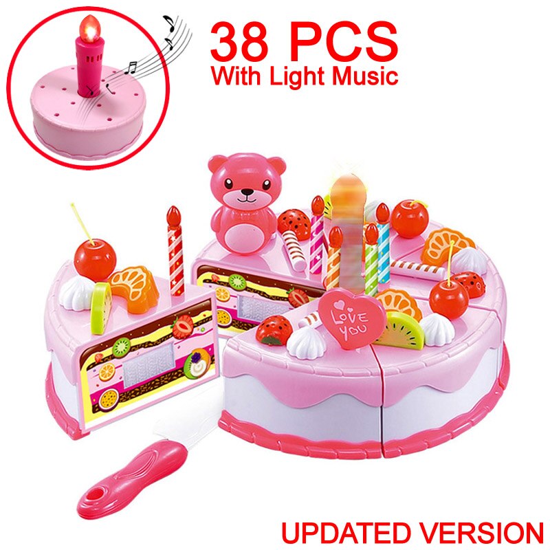 Birthday Cake Toys 37-80PCS DIY Pretend Play Fruit Cutting Kitchen Food Kids Toy Pink Blue For Children Cocina De Juguete