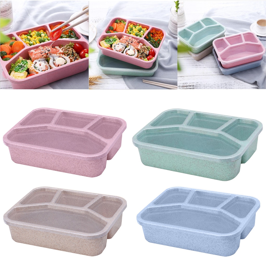 Fiambrera con 4 compartimentos de plástico, contenedor de almacenamiento de alimentos dividido, portátil, microondas, Picnic, Camping, rectangular, al aire libre