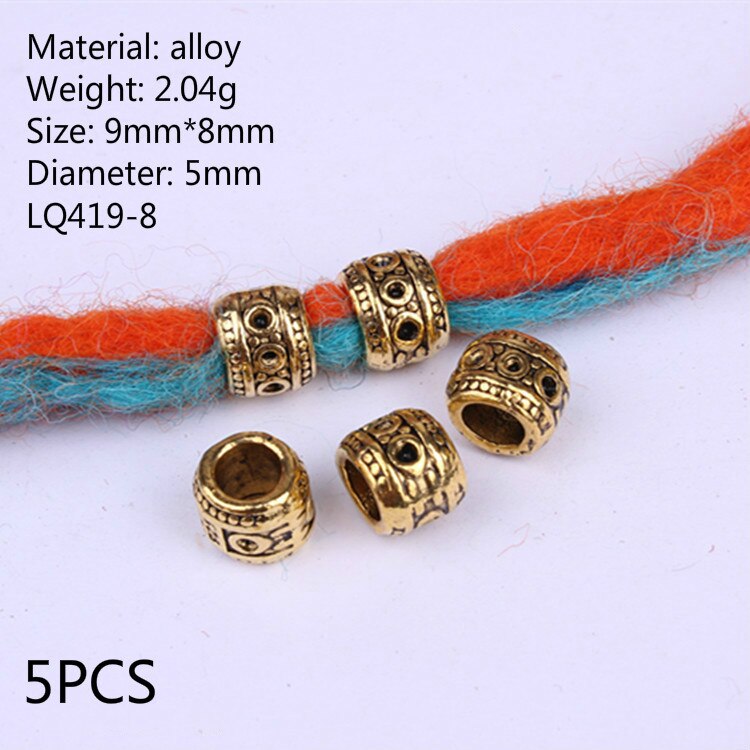5Pcs Retro Zilver Metaal Haar Vlecht Dread Dreadlock Baard Kralen Ringen Buis Appro 6Mm Binnenste Gat Sieraden Maat 11*9Mm 14 Stijl: NO.14