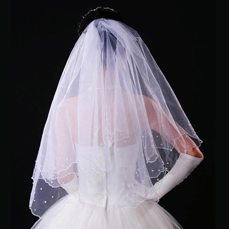 Velo de boda de 80CM de largo, doble capa con cuentas de perlas para boda, Mantilla nupcial con peine para novia, accesorios de boda