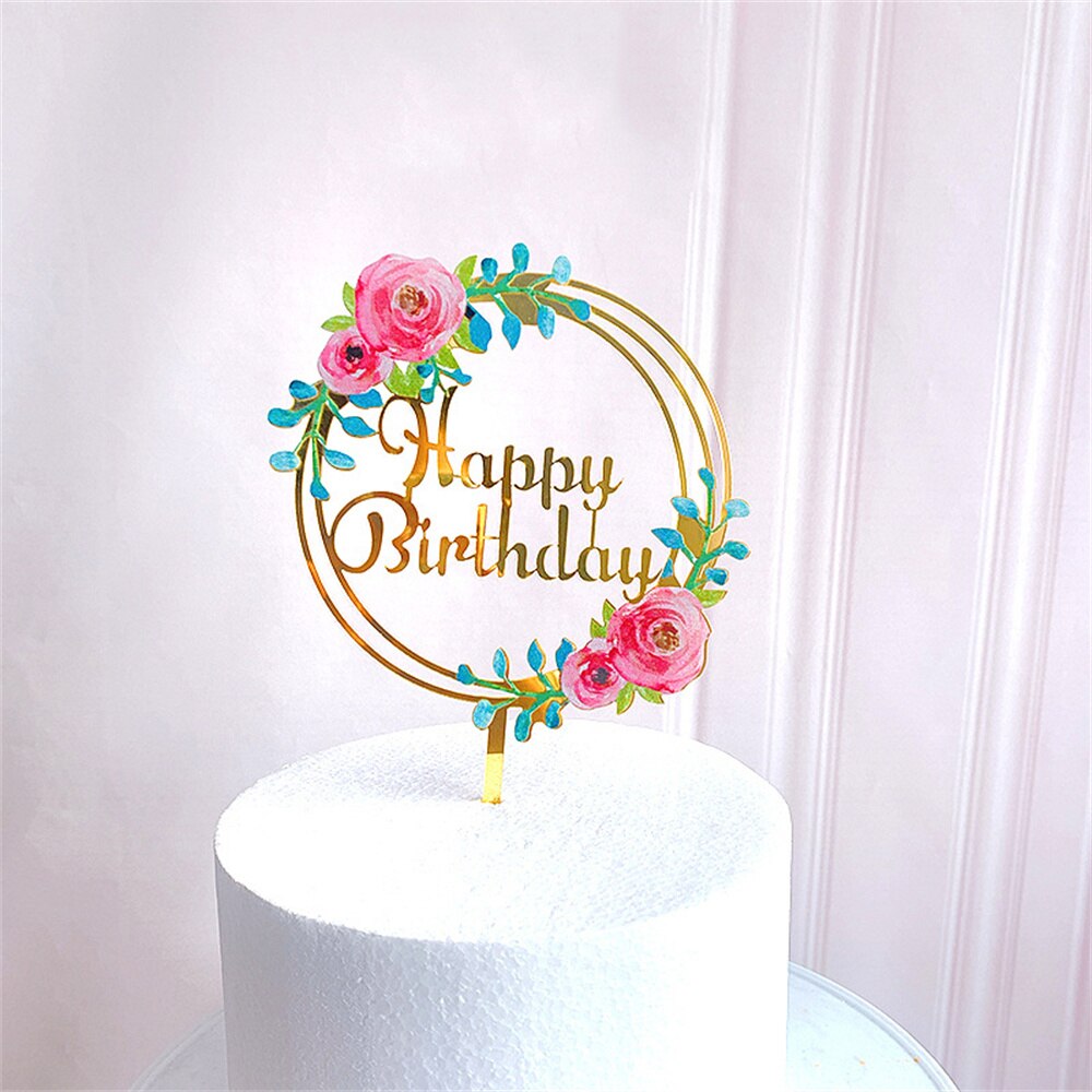 Bloemen Gelukkige Verjaardag Cake Topper Acryl Bruiloft Valentijnsdag Cake Toppers Voor Vrouwen Meisjes Verjaardag Partij Taart Decoraties: Pink flower