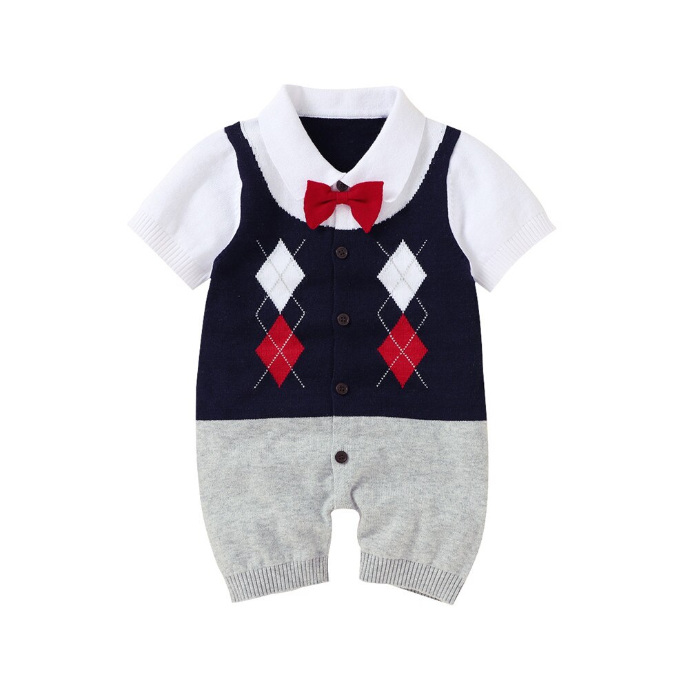 Infant Baby Boys Bow Tie Retro Romper Cotton Short Sleeve Button-Down Folded Patchwork Knitted Patchwork British Style Jumpsuit: Navy Blue / 18M