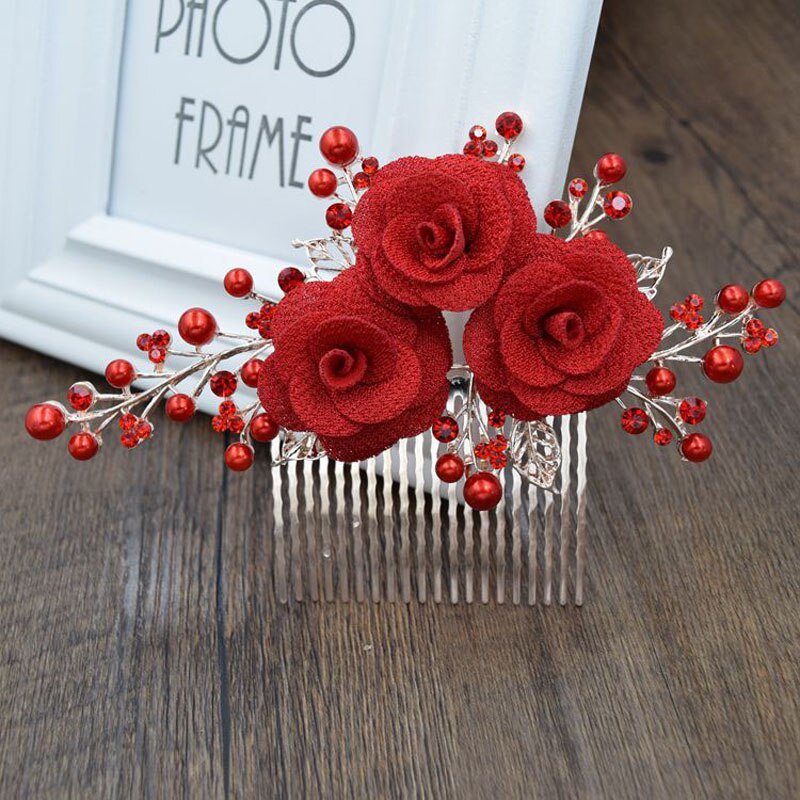 Smukke røde garn blomster pandebånd krone tiara prinsesse guldfarve hårbånd hår kam brude bryllupsfest kvinder hovedstykke: 1pc store kamme