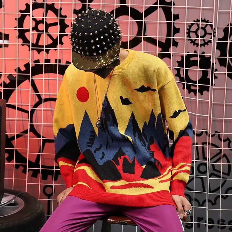 Talvi neuleet miesten villapaidat harajuku hip hop maisema maalaus rento miesten villapaidat ulkovaatteet katuvaatteet pusero