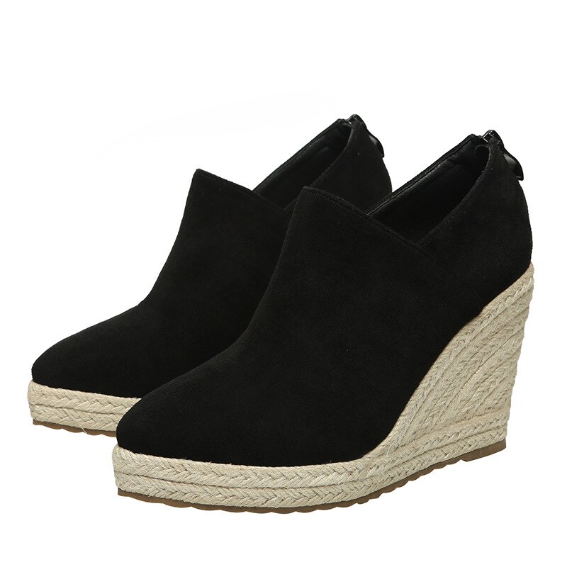 Women High Heel Wedges Paltform Style Shoes Espadriles Pointed Toe Thick Bottom High Heels Straw Sandals: black / 39