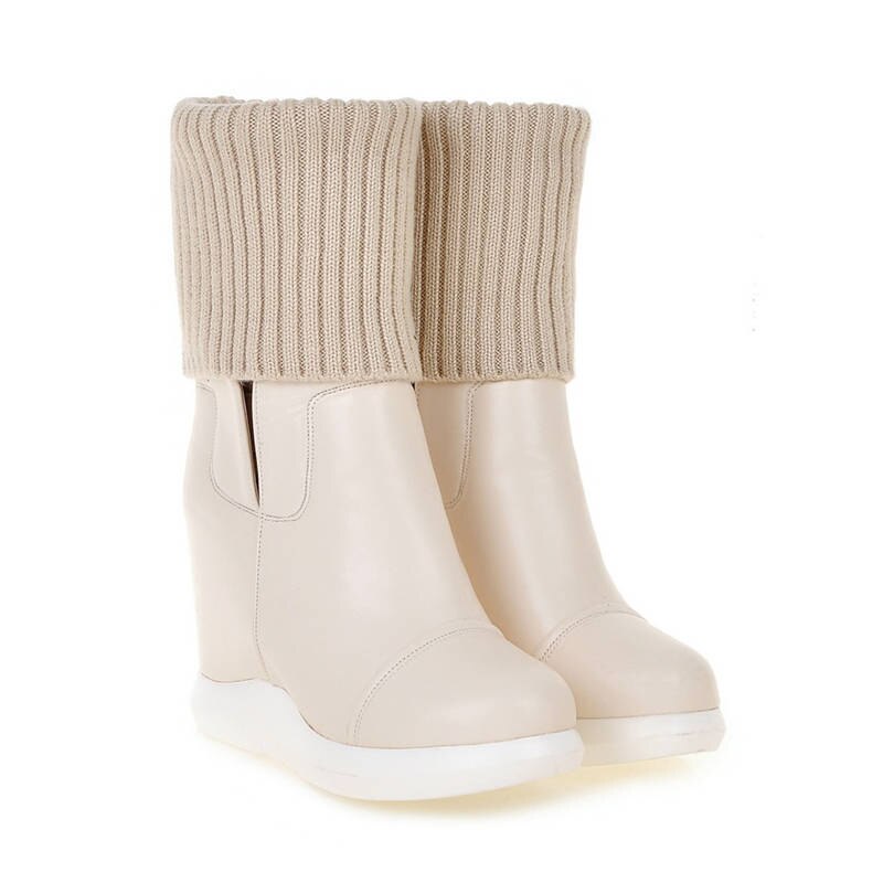 Morazora stil rund tå midt læg støvler kvinder slip on stretch støvler komfortable kiler sko kvinde efterår vinter støvler