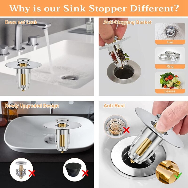 Upgraded Bathroom Sink Plug Strainer Up Bathtub Drain Universal Stopper Strainer Hair Catcher Anti Clogging