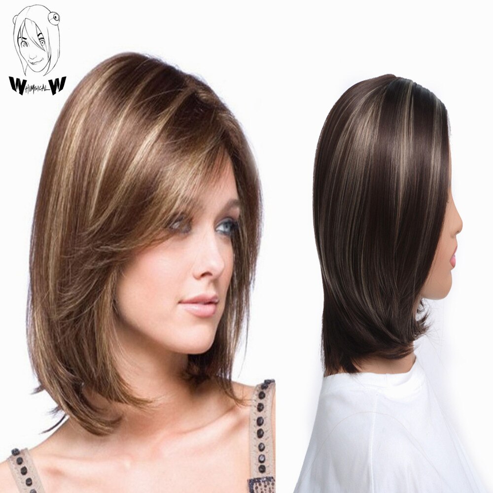 WHIMSICAL W Synthetic Straight Bangs Style Pixie Cut 14inch Wig Brown Mixed Short Natural Full Wigs for Black Women: Brown Mixed